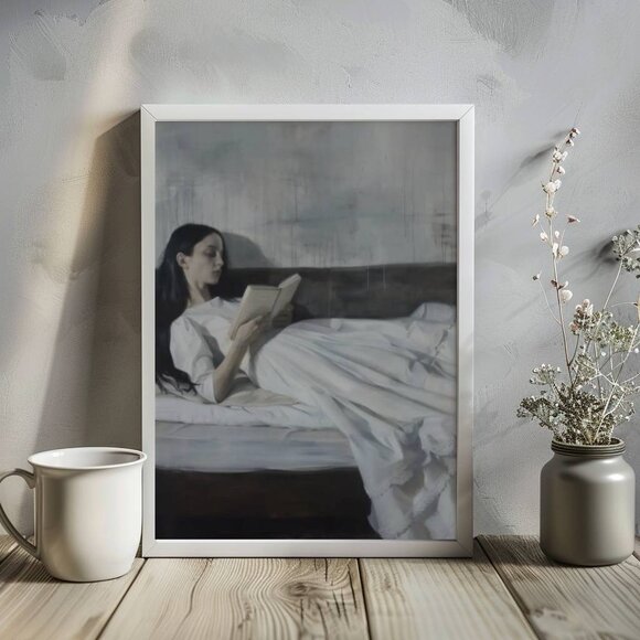 Original Dark Literary Art Print + Digital Copy,  Dreamy  Woman Reading - Picture 1 of 11